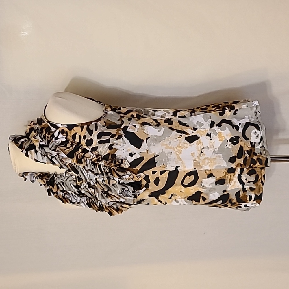 Milano Amimal Print Ruffle Neckline Sleeveless Top - Picture 3 of 6